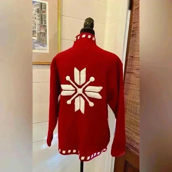 Laura Leigh Sweater Women XL Red 100% Boiled Wool Zip Snowflakes Jacket festive - Picture 3 of 6